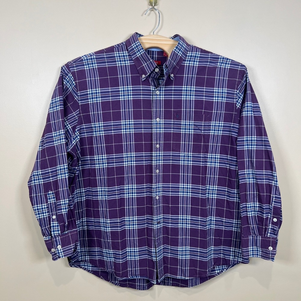 IZOD Button Down Shirt Mens XXL Purple Plaid Long Sleeve Classic Fit Pocket